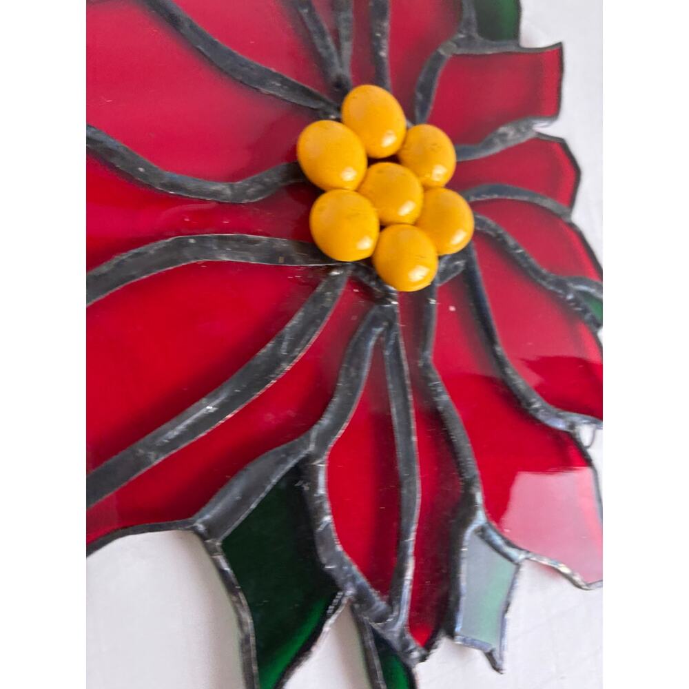 Suncatcher Christmas Poinsettia Glass Window Hanging Handmade 8 x 6 Inches